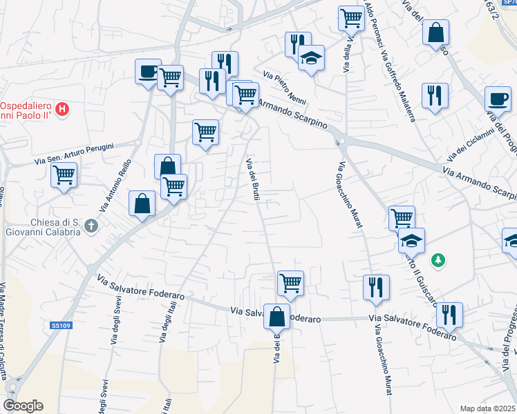 map of restaurants, bars, coffee shops, grocery stores, and more near 18 Via dei Brutii in Lamezia Terme