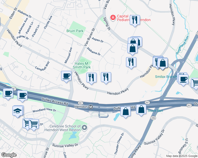 map of restaurants, bars, coffee shops, grocery stores, and more near 590 Herndon Parkway in Herndon