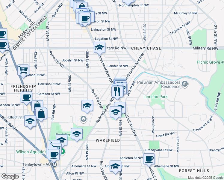 map of restaurants, bars, coffee shops, grocery stores, and more near 5112 Connecticut Avenue Northwest in Washington