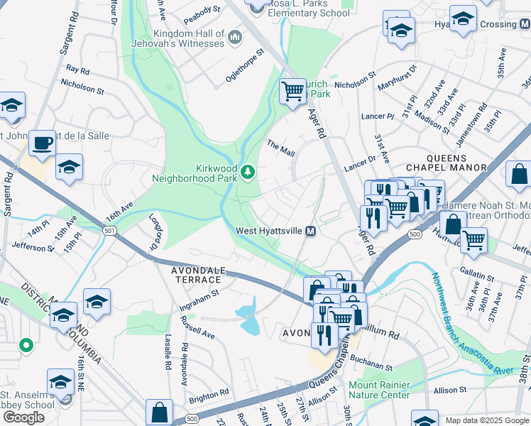 map of restaurants, bars, coffee shops, grocery stores, and more near in Prince George's County