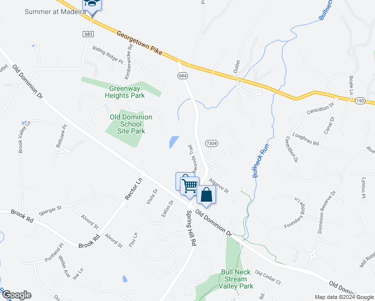 map of restaurants, bars, coffee shops, grocery stores, and more near 1002 Northwoods Trail in McLean