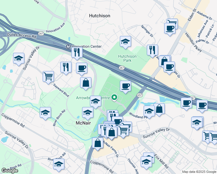 map of restaurants, bars, coffee shops, grocery stores, and more near 2320 Field Point Road in Herndon