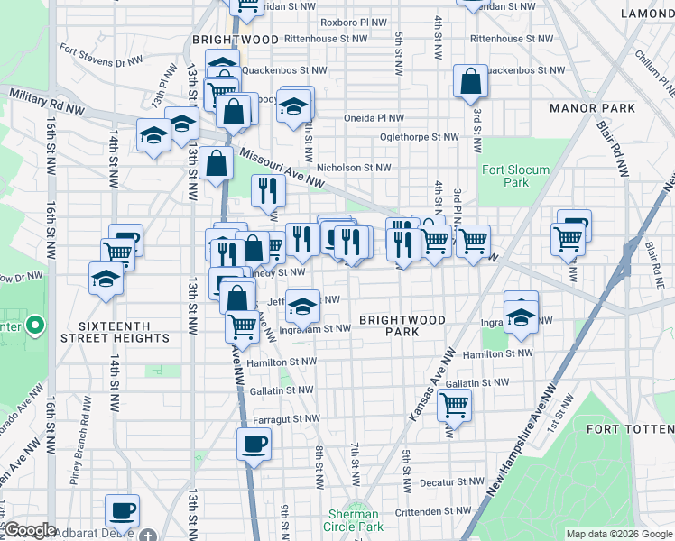 map of restaurants, bars, coffee shops, grocery stores, and more near Kennedy Street Northwest in Washington