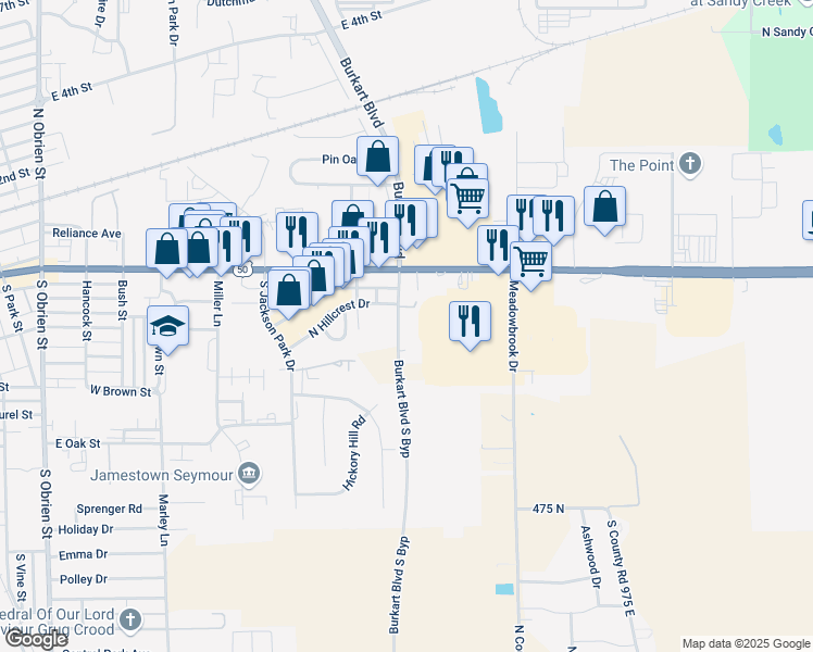 map of restaurants, bars, coffee shops, grocery stores, and more near 511 South 4th Street Road in Seymour