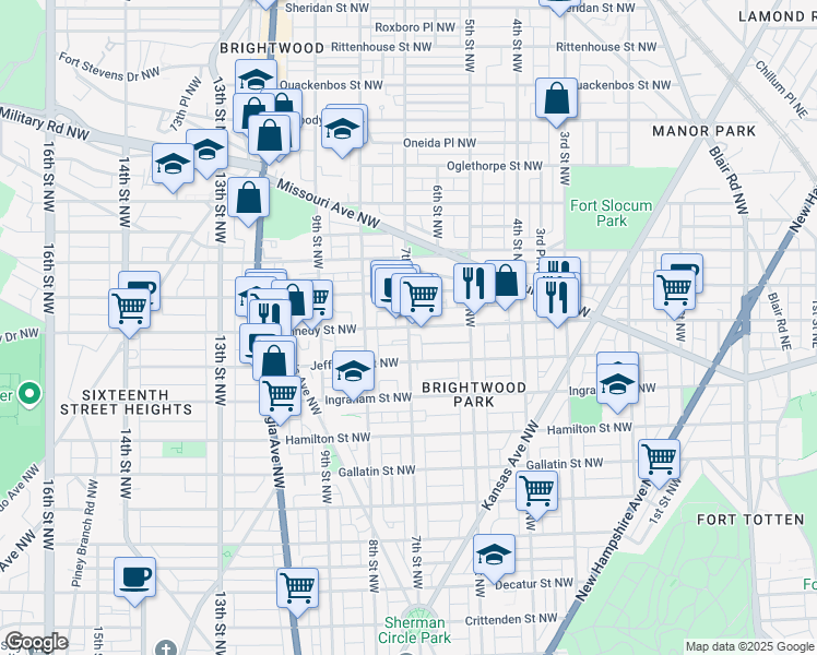 map of restaurants, bars, coffee shops, grocery stores, and more near 7th St NW & Kennedy St NW in Washington