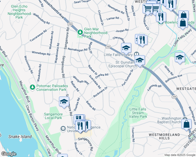 map of restaurants, bars, coffee shops, grocery stores, and more near 5012 Nahant Street in Bethesda
