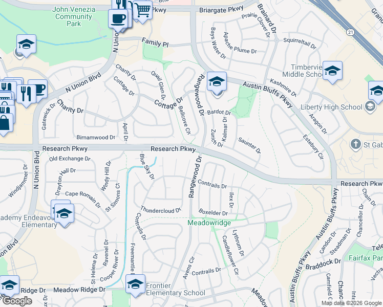 map of restaurants, bars, coffee shops, grocery stores, and more near 4190 Thundercloud Drive in Colorado Springs