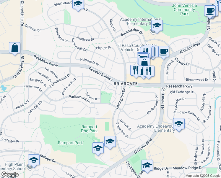 map of restaurants, bars, coffee shops, grocery stores, and more near 2855 Freewood Point in Colorado Springs