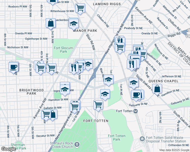 map of restaurants, bars, coffee shops, grocery stores, and more near 101 Independence Avenue Southeast in Washington