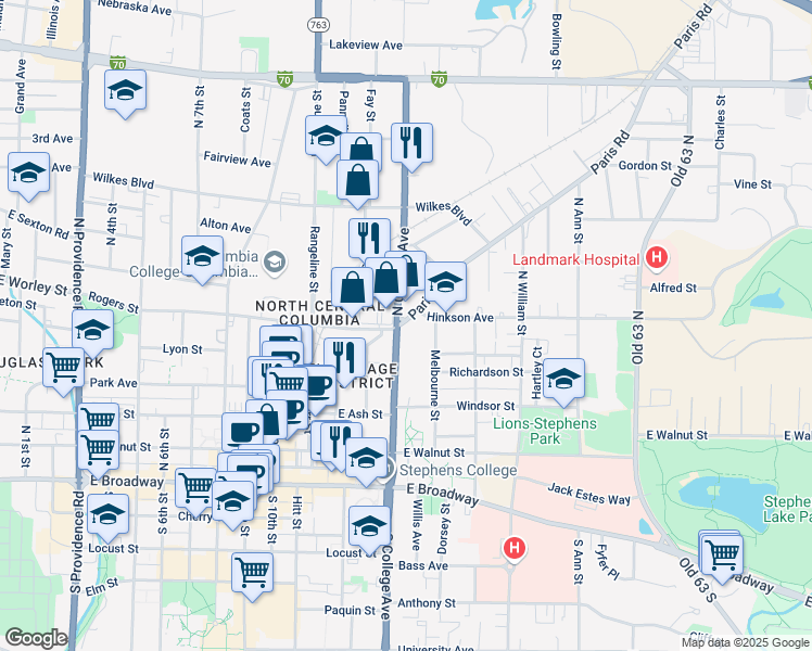 map of restaurants, bars, coffee shops, grocery stores, and more near 1312 Hinkson Avenue in Columbia
