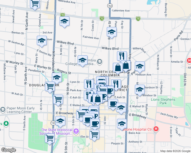 map of restaurants, bars, coffee shops, grocery stores, and more near 904 Rogers Street in Columbia