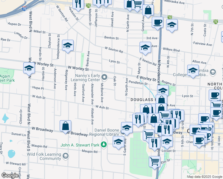 map of restaurants, bars, coffee shops, grocery stores, and more near 201-299 Unity Dr in Columbia