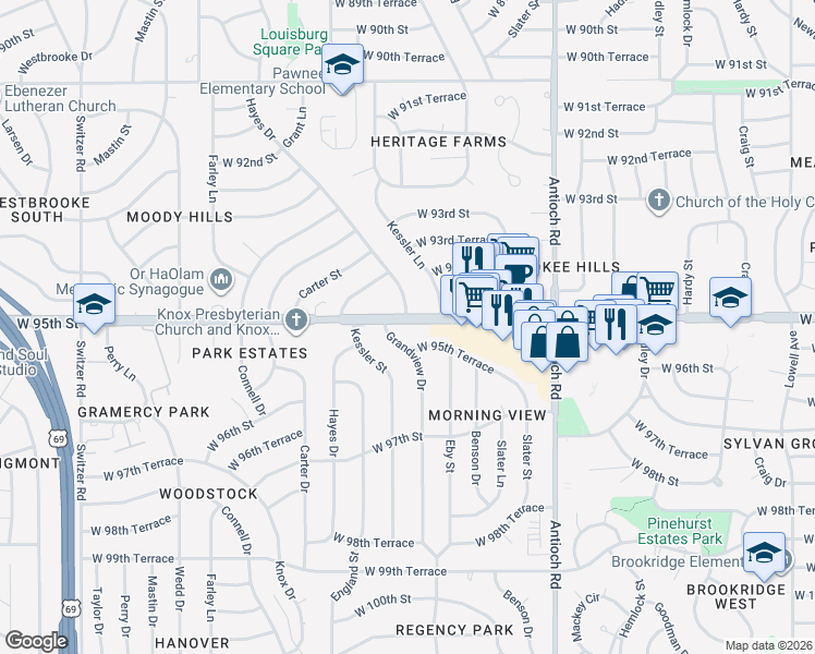 map of restaurants, bars, coffee shops, grocery stores, and more near 9109 West 95th Street in Overland Park