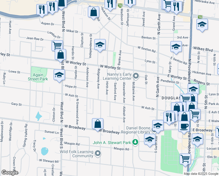 map of restaurants, bars, coffee shops, grocery stores, and more near 306 Hirth Avenue in Columbia