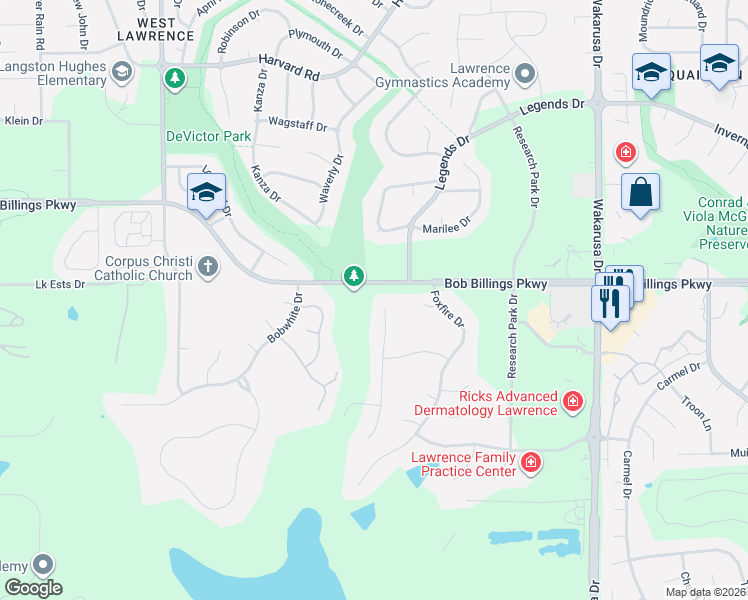 map of restaurants, bars, coffee shops, grocery stores, and more near 1501 Burning Tree Court in Lawrence