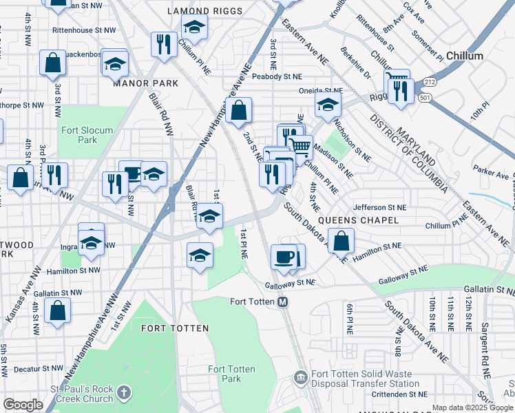 map of restaurants, bars, coffee shops, grocery stores, and more near 198 Riggs Road Northeast in Washington