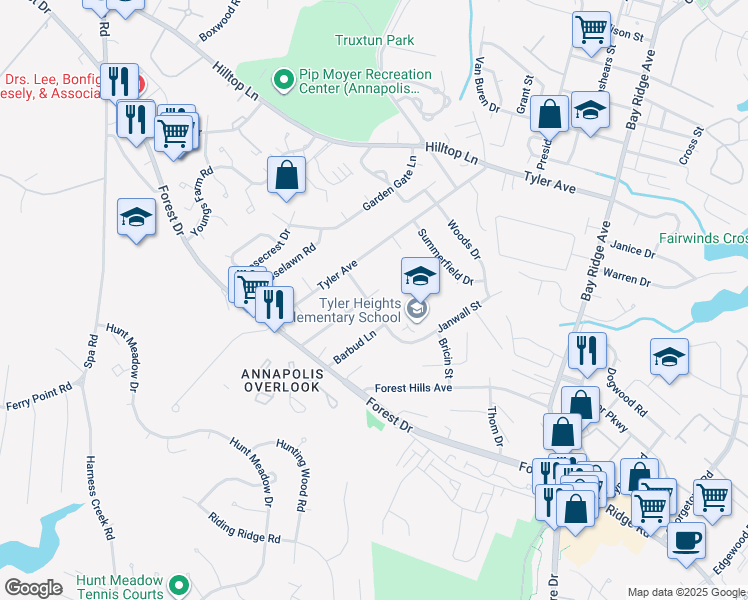 map of restaurants, bars, coffee shops, grocery stores, and more near 214 Janwall Street in Annapolis