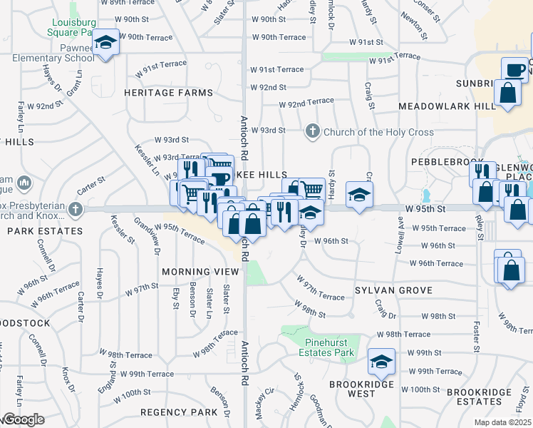 map of restaurants, bars, coffee shops, grocery stores, and more near 8601 West 95th Street in Overland Park
