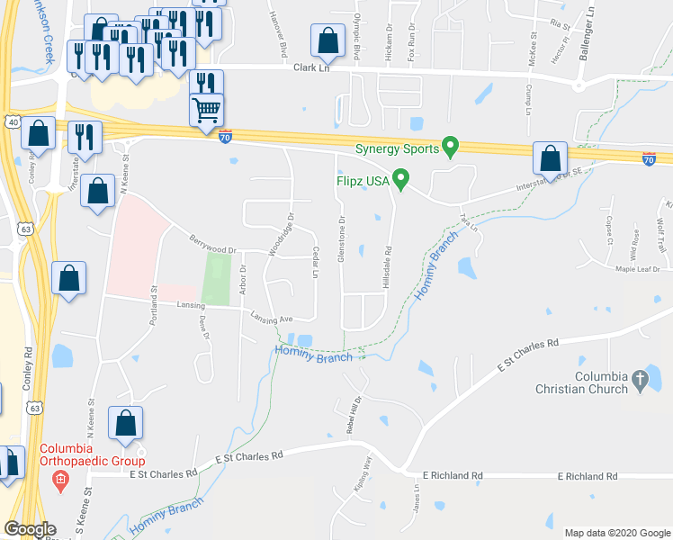 map of restaurants, bars, coffee shops, grocery stores, and more near 509 Glenstone Drive in Columbia
