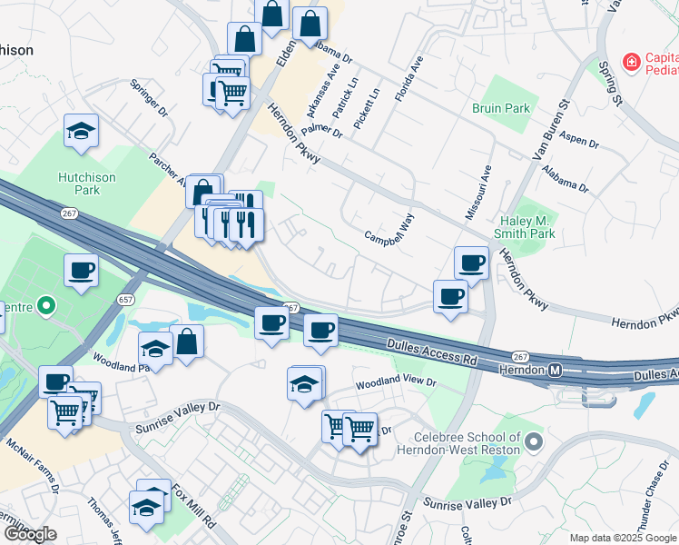map of restaurants, bars, coffee shops, grocery stores, and more near 2111 Wilkes Court in Herndon