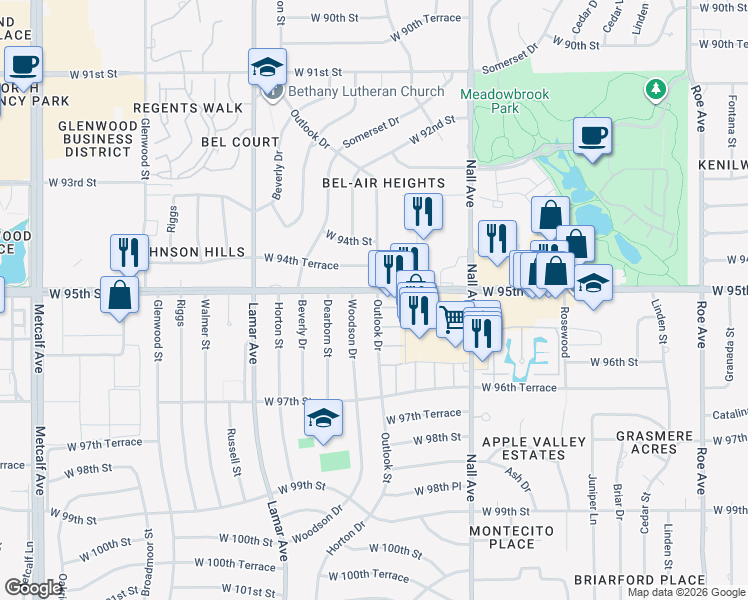 map of restaurants, bars, coffee shops, grocery stores, and more near 9502 Outlook Drive in Overland Park