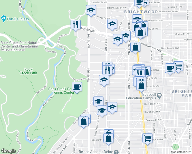 map of restaurants, bars, coffee shops, grocery stores, and more near 1439 Kennedy Street Northwest in Washington