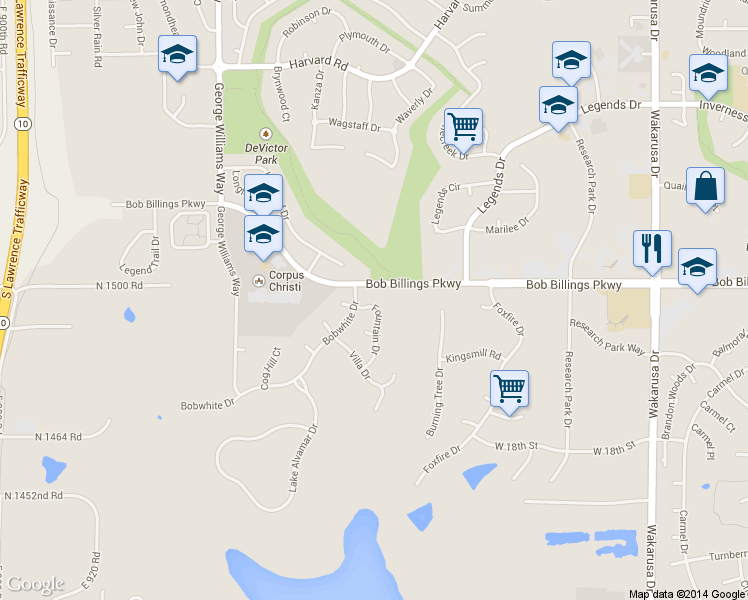 map of restaurants, bars, coffee shops, grocery stores, and more near 1508 Fountain Dr in Lawrence