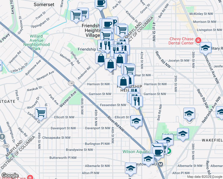 map of restaurants, bars, coffee shops, grocery stores, and more near 5112 44th Street Northwest in Washington