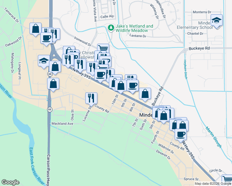 map of restaurants, bars, coffee shops, grocery stores, and more near 1644 U.S. 395 in Minden