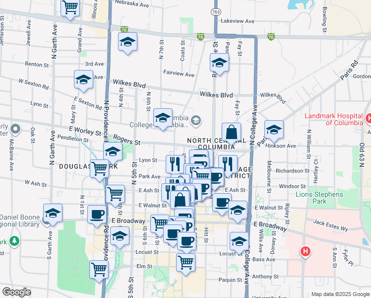 map of restaurants, bars, coffee shops, grocery stores, and more near 802 Rogers Street in Columbia