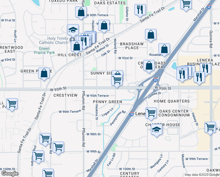 map of restaurants, bars, coffee shops, grocery stores, and more near 13121 West 95th Street in Lenexa