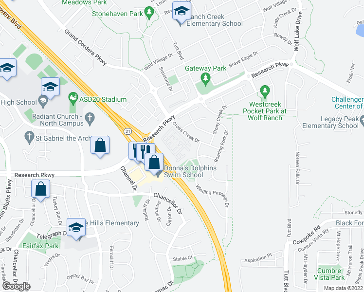 map of restaurants, bars, coffee shops, grocery stores, and more near 5450 Cushing Grove in Colorado Springs