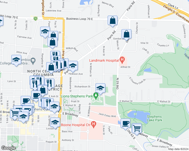 map of restaurants, bars, coffee shops, grocery stores, and more near 1606 Hinkson Avenue in Columbia