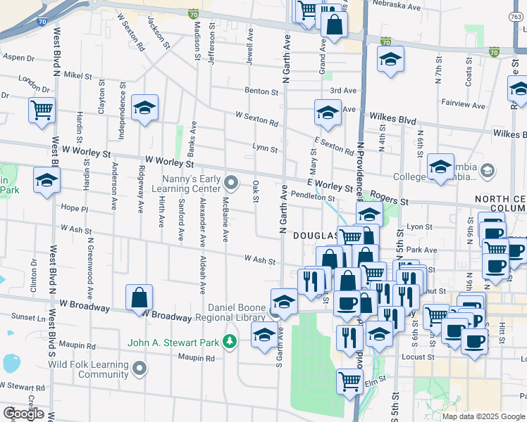 map of restaurants, bars, coffee shops, grocery stores, and more near 400 Oak Street in Columbia