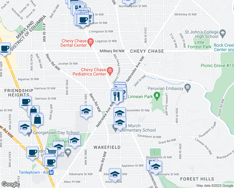map of restaurants, bars, coffee shops, grocery stores, and more near 5101 Connecticut Ave NW in Washington