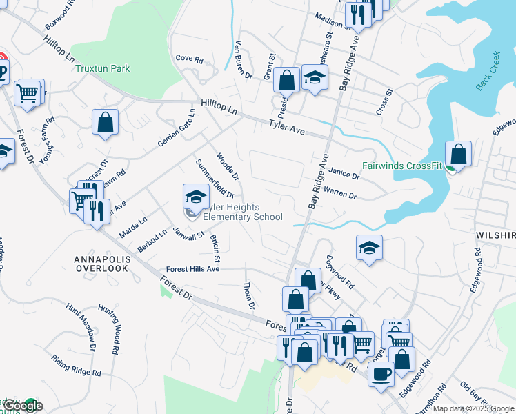 map of restaurants, bars, coffee shops, grocery stores, and more near 111 Janwall Street in Annapolis