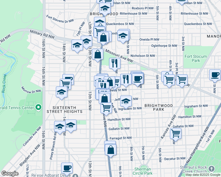 map of restaurants, bars, coffee shops, grocery stores, and more near 923 Kennedy Street Northwest in Washington