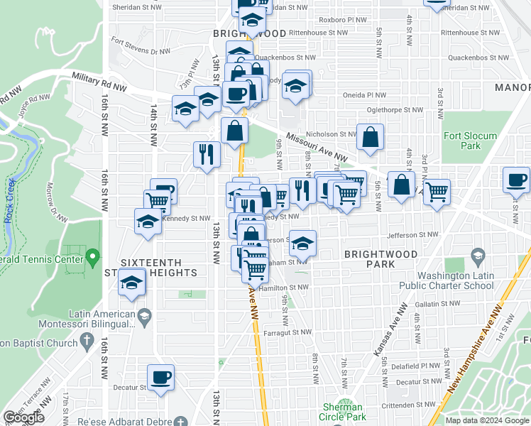 map of restaurants, bars, coffee shops, grocery stores, and more near 923 Kennedy Street Northwest in Washington