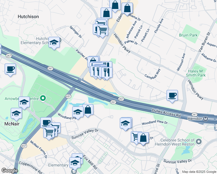 map of restaurants, bars, coffee shops, grocery stores, and more near 12975 Worldgate Drive in Herndon