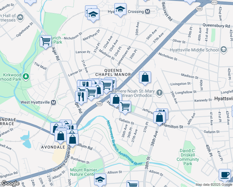 map of restaurants, bars, coffee shops, grocery stores, and more near 3400 Jefferson Street in Hyattsville