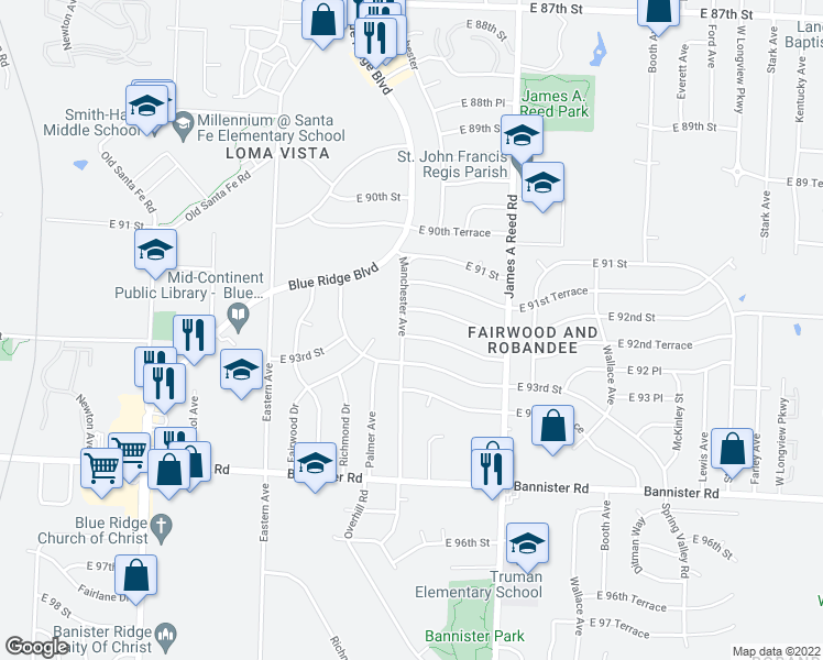 map of restaurants, bars, coffee shops, grocery stores, and more near 9207 Manchester Avenue in Kansas City