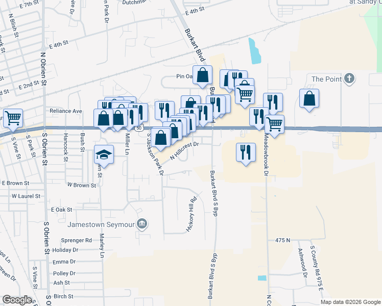 map of restaurants, bars, coffee shops, grocery stores, and more near 626 Hillcrest Circle in Seymour