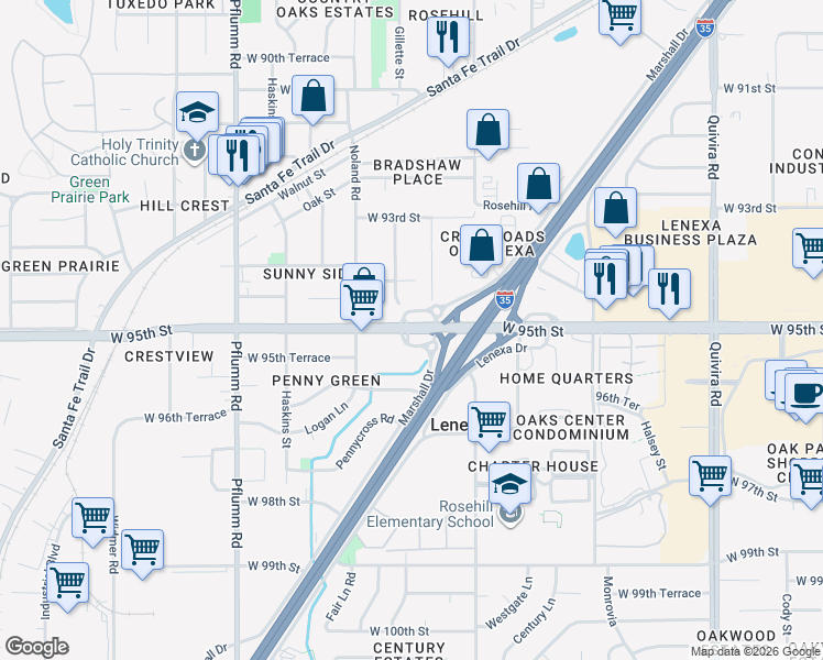 map of restaurants, bars, coffee shops, grocery stores, and more near 12831 West 95th Street in Lenexa