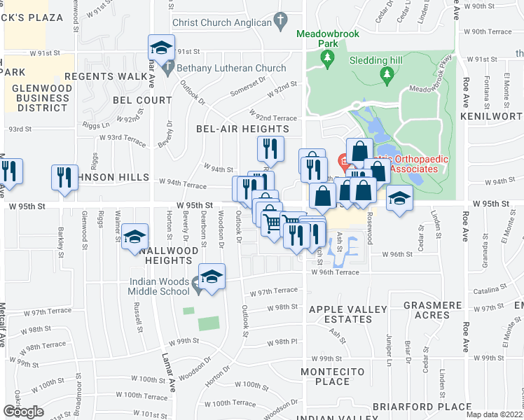 map of restaurants, bars, coffee shops, grocery stores, and more near 5665 West 95th Street in Overland Park