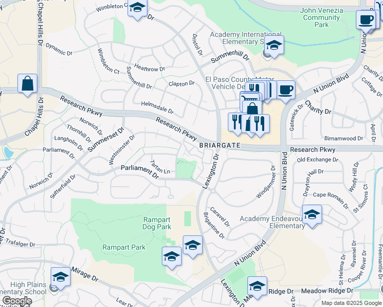 map of restaurants, bars, coffee shops, grocery stores, and more near 2855 Freewood Point in Colorado Springs