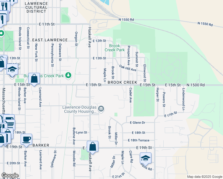 map of restaurants, bars, coffee shops, grocery stores, and more near 1245 East 15th Street in Lawrence