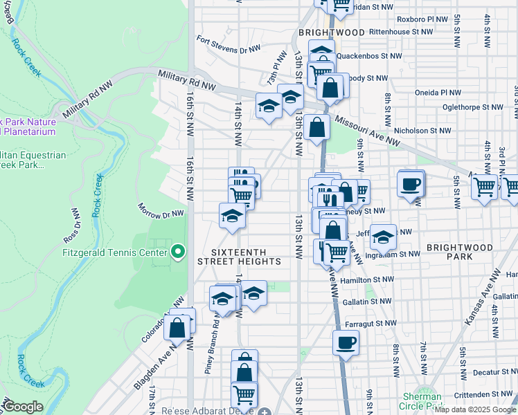 map of restaurants, bars, coffee shops, grocery stores, and more near 1355 Kennedy Street Northwest in Washington