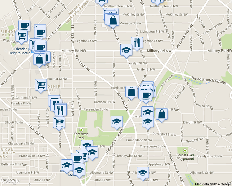 map of restaurants, bars, coffee shops, grocery stores, and more near 5050 Reno Road Northwest in Washington