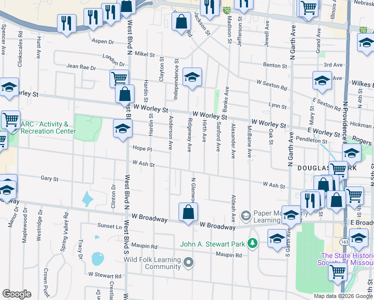 map of restaurants, bars, coffee shops, grocery stores, and more near 301 Ridgeway Avenue in Columbia