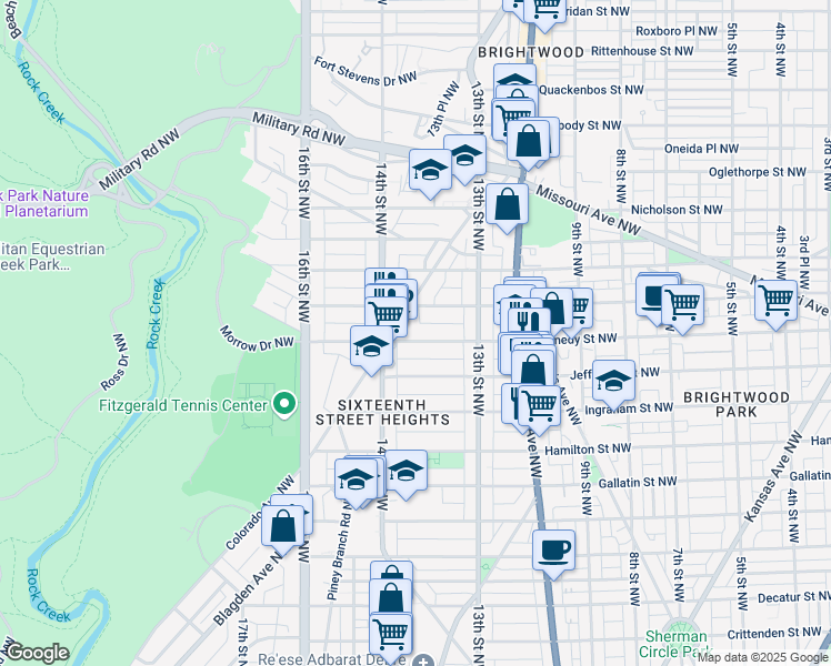 map of restaurants, bars, coffee shops, grocery stores, and more near 1355 Kennedy Street Northwest in Washington